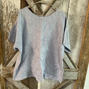 Eileen Fisher blue organic linen fringe blouse size xl.